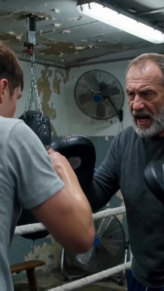 Kadr z filmu AI: Trener na tarczach podkręca tempo w ostatnich sekundach rundy.