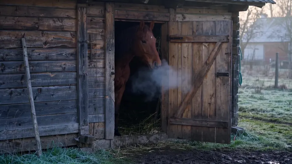 Kadr z filmu AI: Para z nozdrzy, siano i pierwsze światło.